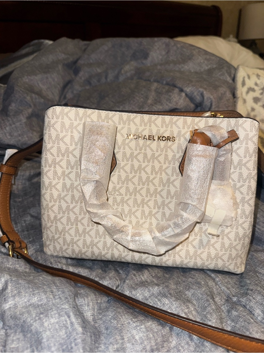 Michael Kors Signature Crossbody Satchel in Vanilla with Brown Trim